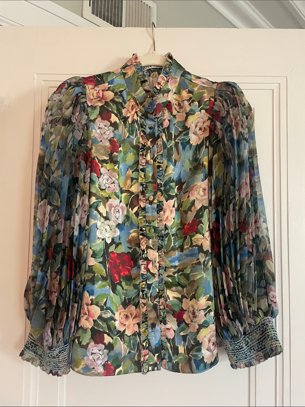 Alice + Olivia Ruffled Floral Satin Blouse in Green Blue Pink